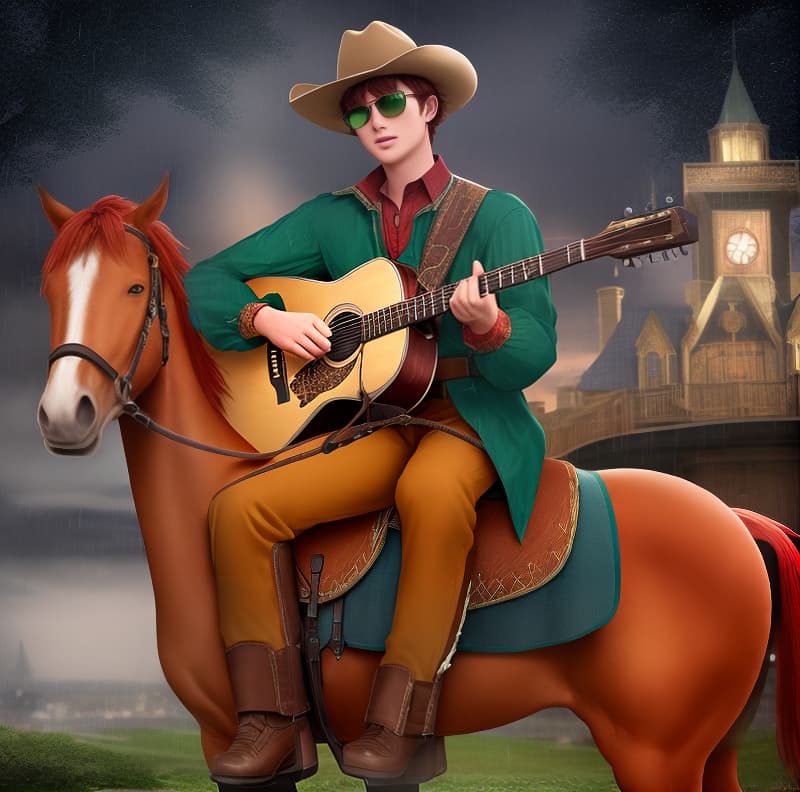  A 17-year old cowboy with short red hair, green eyes, and sunglasses wearing a cowboy outfit with a matching hat playing an acoustic guitar sitting on his horse in a British fantasy kingdom at nighttime in the rain., ((best quality)), ((masterpiece)), highly detailed, absurdres, HDR 4K, 8K