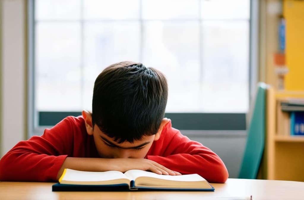  professional detailed photography, a primary school child sits at a table in front of a notebook and holds his head, tired of studying ar 3:2, (muted colors, dim colors, soothing tones), (vsco:0.3)