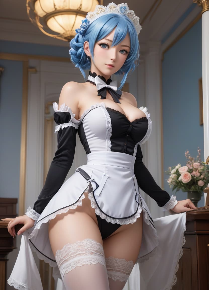  anime artwork , full body 1 , visible through the hips, bare shoulders, black raised dress, blue hair, , clothes lift, unoned collar, sleeves, dress, dress lift, garter strings, hair above the eyes, lace, lace trim, raised, lips, gaze at the viewer, maid, maid's headdress, voluminous s, s, (without ), nose, realistic, rem (re:zero), roswaal mansion maid uniform, short hair, , lift , solo, voluminous hips, uncensored, glossy white stockings. urinating . anime style, key visual, vint, studio anime, highly detailed hyperrealistic, full body, detailed clothing, highly detailed, cinematic lighting, stunningly beautiful, intricate, sharp focus, f/1. 8, 85mm, (centered image composition), (professionally color graded), ((bright soft diffused light)), volumetric fog, trending on instagram, trending on tumblr, HDR 4K, 8K