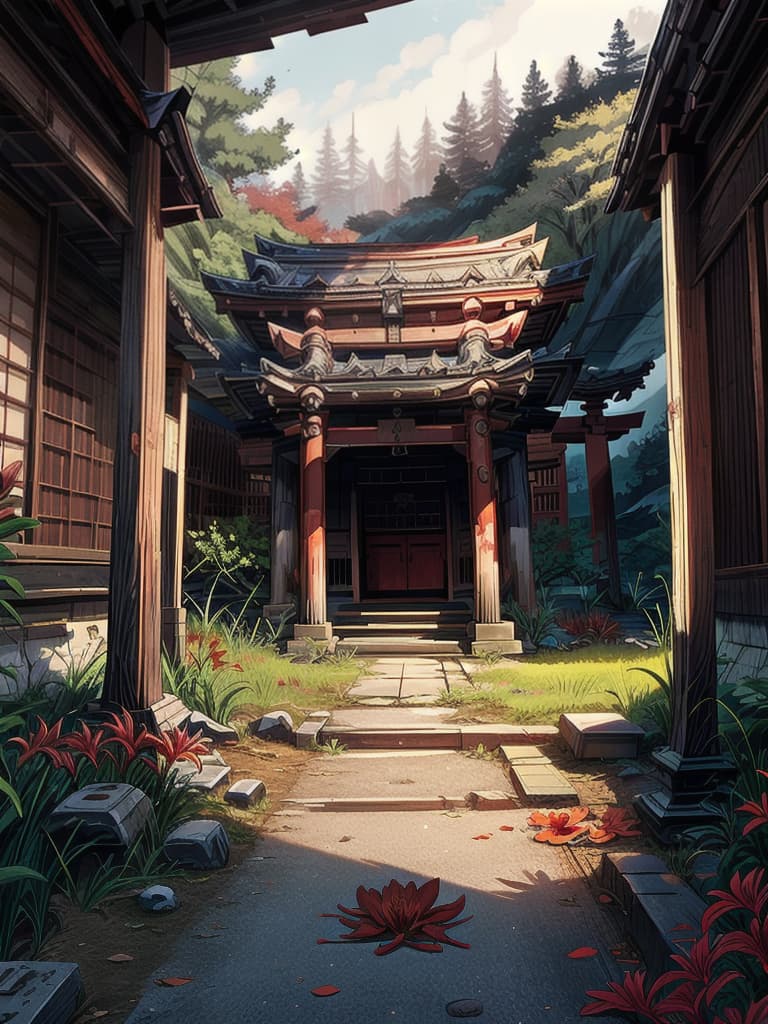  A large abandoned shrine with red lilies lining the path. It is nighttime., bloodstainai, horror, fear