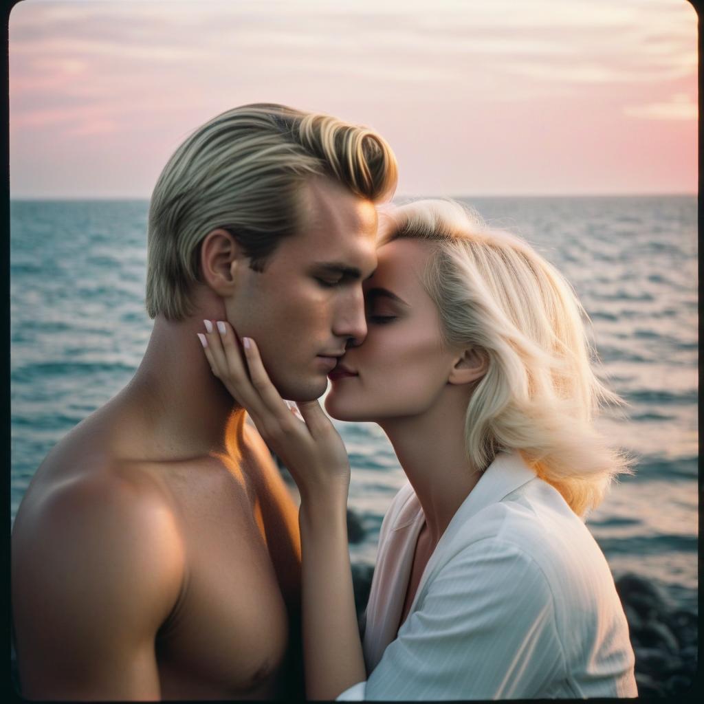  analog film photo a platinum blonde girl touches the face of a blonde guy, in the background the sea, sunset, pink and white shades, clouds, light fog, sunny day. . faded film, desaturated, 35mm photo, grainy, vignette, vintage, kodachrome, lomography, stained, highly detailed, found footage