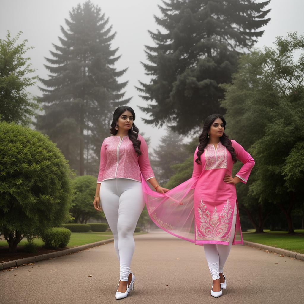  Indian plus -size woman wearing pink kurta and tights white leggings . photoshoot, hot and stylish., hyperrealistic, high quality, highly detailed, cinematic lighting, intricate, sharp focus, f/1. 8, 85mm, (centered image composition), (professionally color graded), ((bright soft diffused light)), volumetric fog, trending on instagram, HDR 4K, 8K