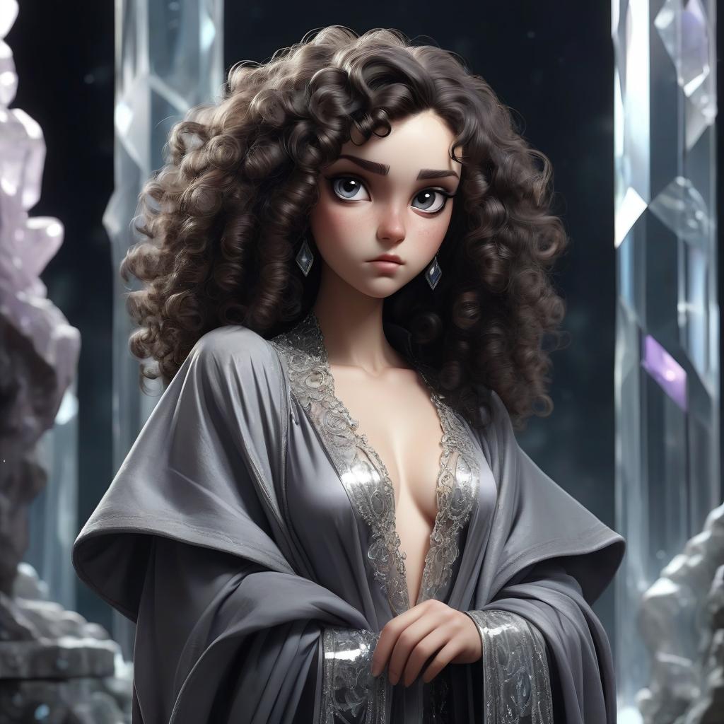  a girl with dark curly hair in crystal robes, full height