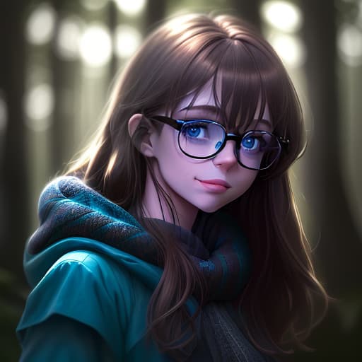  (dark shot:1.4), 80mm, create a girl. light brown hair, a snide smile, black rimmed glasses and bright blue eyes. eye color is like aquamarine. the background is something forest, soft light, sharp, exposure blend, medium shot, bokeh, (hdr:1.4), high contrast, (cinematic, teal and orange:0.85), (muted colors, dim colors, soothing tones:1.3), low saturation, (hyperdetailed:1.2), (noir:0.4)