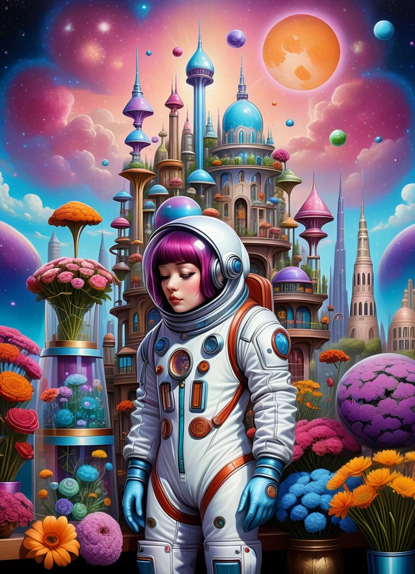  (art in style of jeremiah ketner:1.2): space flower shop, seller in spacesuit, flower bouquets covered with glass caps, against the backdrop of the magic tower, against a backdrop of shelves with bouquets under glass caps, sci fi abstract art, multicolore, (frame with intricate thin celtik magical symbol ornamentation:1.4) :: (thin: 1,3) lines,, civitai