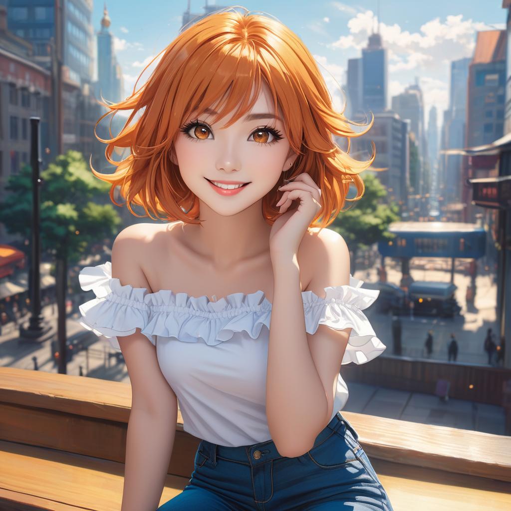  best quality, masterpiece, high resolution, beautiful eyes, detailed background, (1 , solo:1.5),bobcut, orange hair,(flax eyes),(smile),(off shoulder frill and tight jeans),(large s), (backlighting),(face lighting),(close view:0.8),[pov:1.2], from above, summer, shiny, daytime in the city of bitcoin, award winning, professional, highly detailed, masterpiece