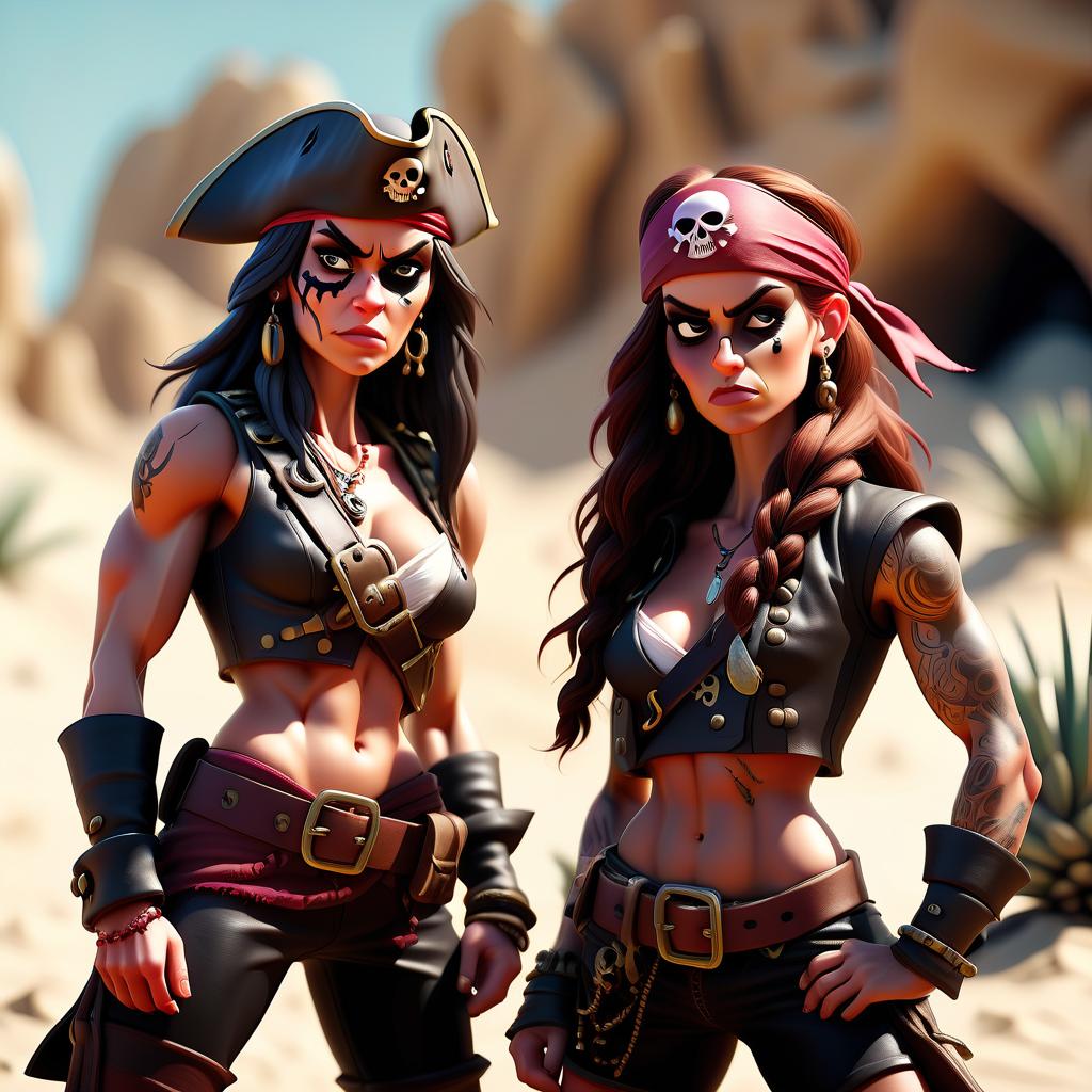  cinematic photo two muscular pirate girls on a desert island . 35mm photograph, film, bokeh, professional, 4k, highly detailed