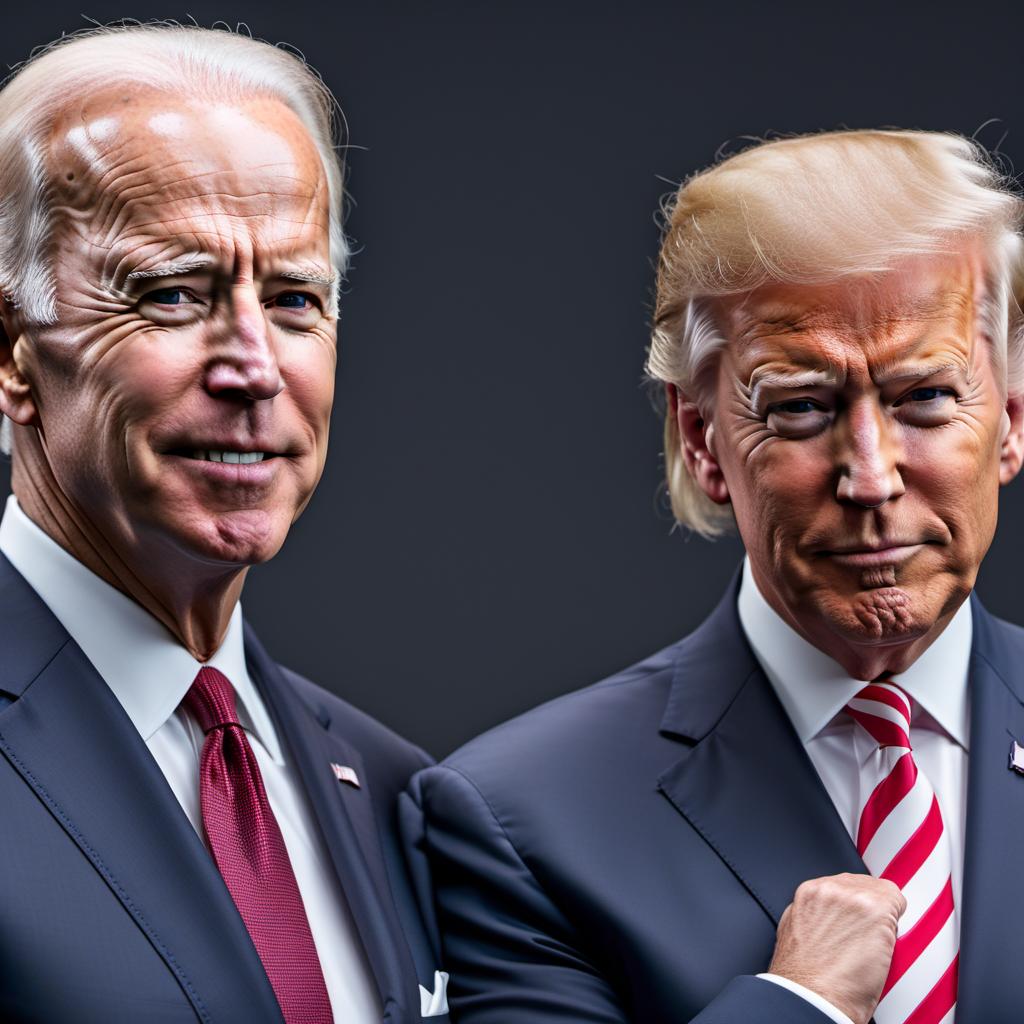  Hyper realistic, high definition, Ultra Mega accurate resemblance of Joe Biden and Donald Trump standing together, both holding a blank sign together. Trump is holding one side and Biden is holding the other side. They are standing straight, facing forward to the camera, legs together. Both are wearing suits. hyperrealistic, full body, detailed clothing, highly detailed, cinematic lighting, stunningly beautiful, intricate, sharp focus, f/1. 8, 85mm, (centered image composition), (professionally color graded), ((bright soft diffused light)), volumetric fog, trending on instagram, trending on tumblr, HDR 4K, 8K