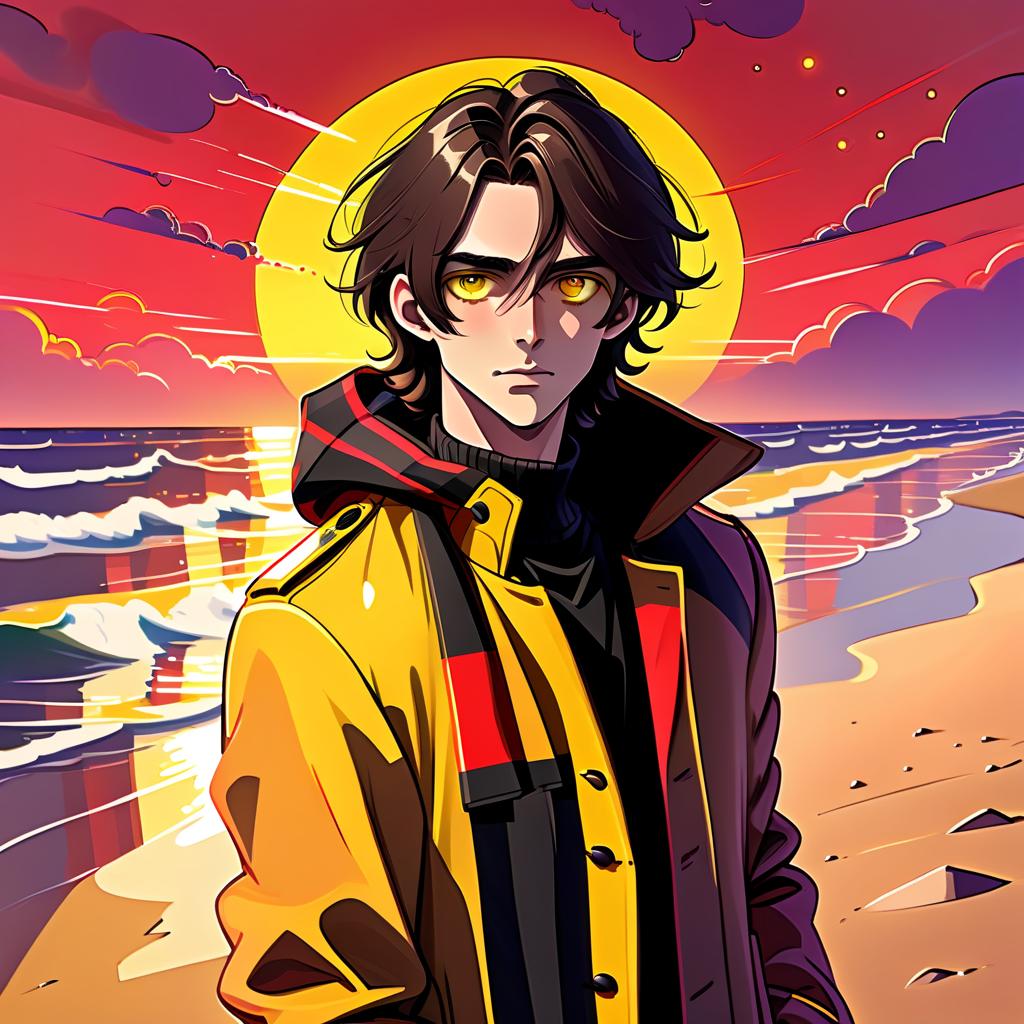  psychedelic style a young man stands alone on the beach. he has long dark brown hair, which flies slightly in the breeze. his face, with pronounced jewish and slavic features, radiates lively energy. brown eyes are full of deep emotions, as if reflecting the vast expanses of the ocean. he wears a bright yellow coat that seems to shine, catching the eye and contrasting with the soft shades of the sunset. under his coat he wears a black shirt and black pants are decorated with yellow elements, creating a stylish and dynamic look. the sunset turns into the night sky and full of stars, and the outgoing red sun rays fall on the terrain in bright red stripes contrasting with the oncoming night. the image uses such colors and shades of colors as: 