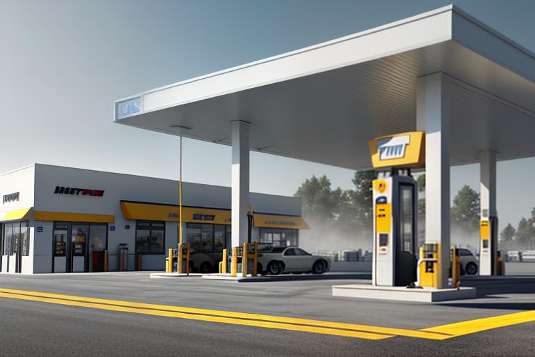  A gray colored gas station, a little yellow and white. The main color is yellow. hyperrealistic, full body, detailed clothing, highly detailed, cinematic lighting, stunningly beautiful, intricate, sharp focus, f/1. 8, 85mm, (centered image composition), (professionally color graded), ((bright soft diffused light)), volumetric fog, trending on instagram, trending on tumblr, HDR 4K, 8K