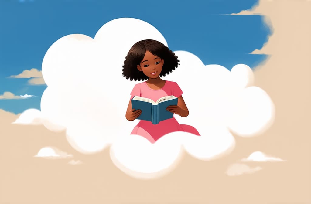  flat illustration, flaticon, (illustration:1.15), literary fan young african girl in the sky on a cloud reading a book. funny, abstract cartoon people on beige. 3d rendering. ar 3:2, [cory loftis, strobist, pascal campion :: 0.2]