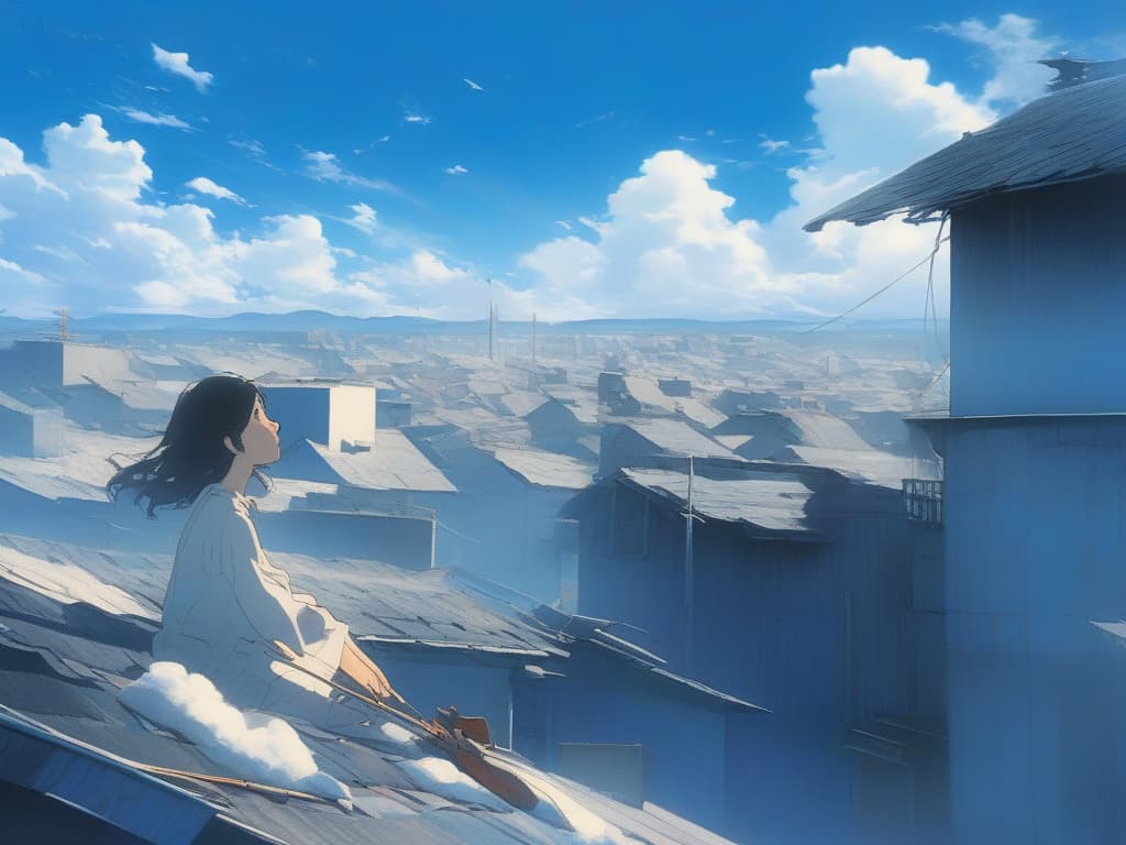  blue sky, wind, rooftop, one girl, sitting, wide sky