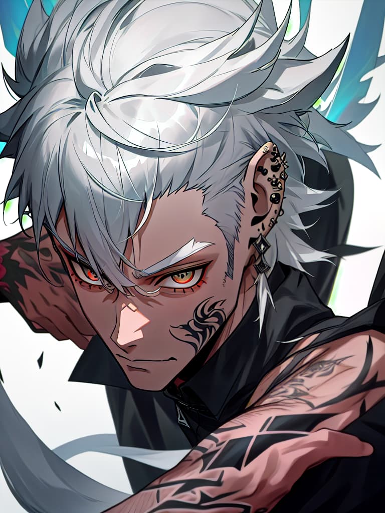  boys with gray hair, wolf cut, tattoo, piercing, masterpiece, best quality,8k,ultra detailed,high resolution,an extremely delicate and beautiful,hyper detail