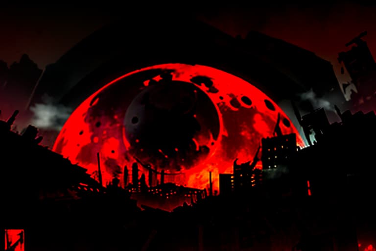  (dark shot:1.1), epic realistic, Logo with an eye hidden behind a bloody red moon in the midst of a ruined city, moral decay, drugs, murder, more blood, alcohol, depravity, rot, decay of civilization, darkness, oppression, decay, disillusionment, corruption, faded, (neutral colors:1.2), (hdr:1.4), (muted colors:1.2), hyperdetailed, (artstation:1.4), cinematic, warm lights, dramatic light, (intricate details:1.1), complex background, (rutkowski:0.66), (teal and orange:0.4) hyperrealistic, full body, detailed clothing, highly detailed, cinematic lighting, stunningly beautiful, intricate, sharp focus, f/1. 8, 85mm, (centered image composition), (professionally color graded), ((bright soft diffused light)), volumetric fog, trending on instagram, trending on tumblr, HDR 4K, 8K