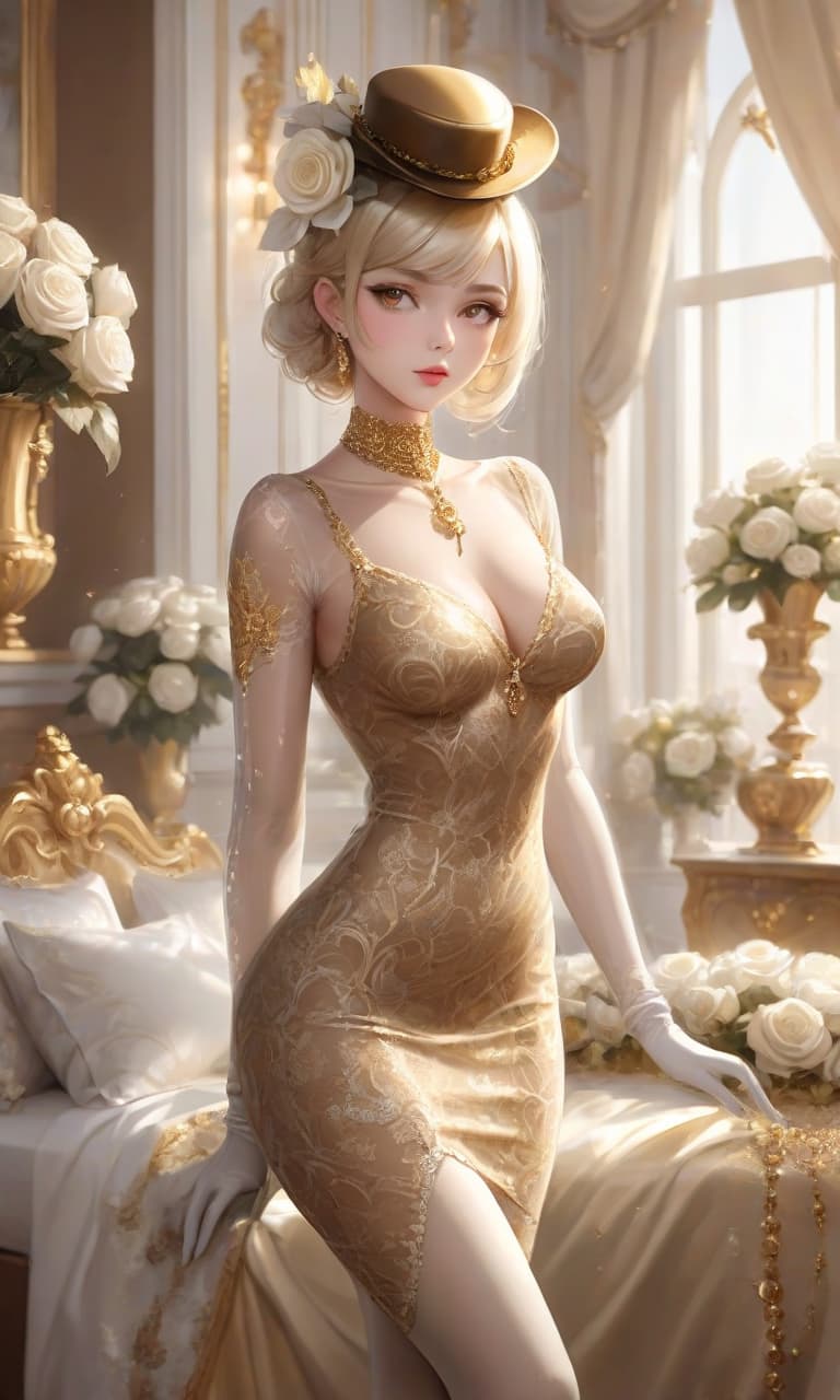  the girl is beautiful in a gold tight transparent dress with patterns, gold tights, gold gloves, a gold necklace with white stones, a golden hat with white roses. elegant aristocrat, realistic body, realistic clothes. in the guest room of the mansion