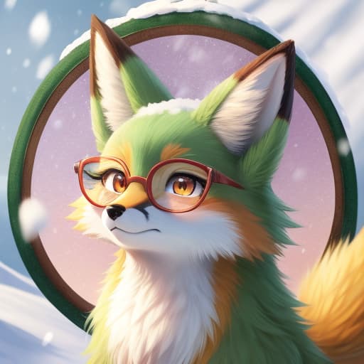  Kemono, Fox, Purple and green colors, Female, using a circle framed glasses, Sadly Face, Fluffy Ears, Orange Eyes, Fluffy Tail, Big Tail, Snow enviroment, Snow Enviroment background, Nice Colors, Sadly eyes,, open eyes, digital art, masterpiece, 4k, fine details,