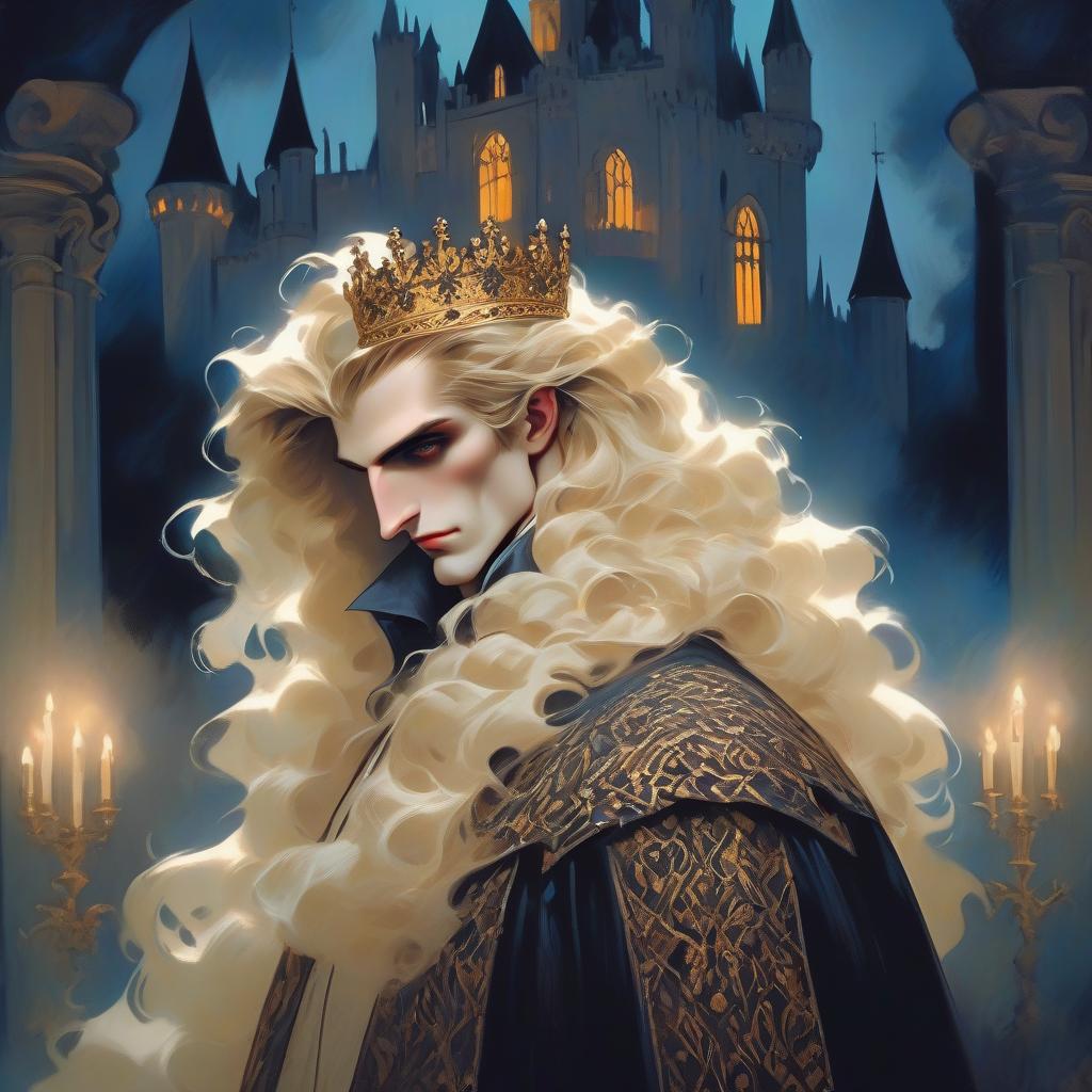  dreamscape young vampire aristocrat in rich clothes with long blonde hair, at night in a huge castle with a small crown on his head, aesthetics of beauty, grace . surreal, ethereal, dreamy, mysterious, fantasy, highly detailed