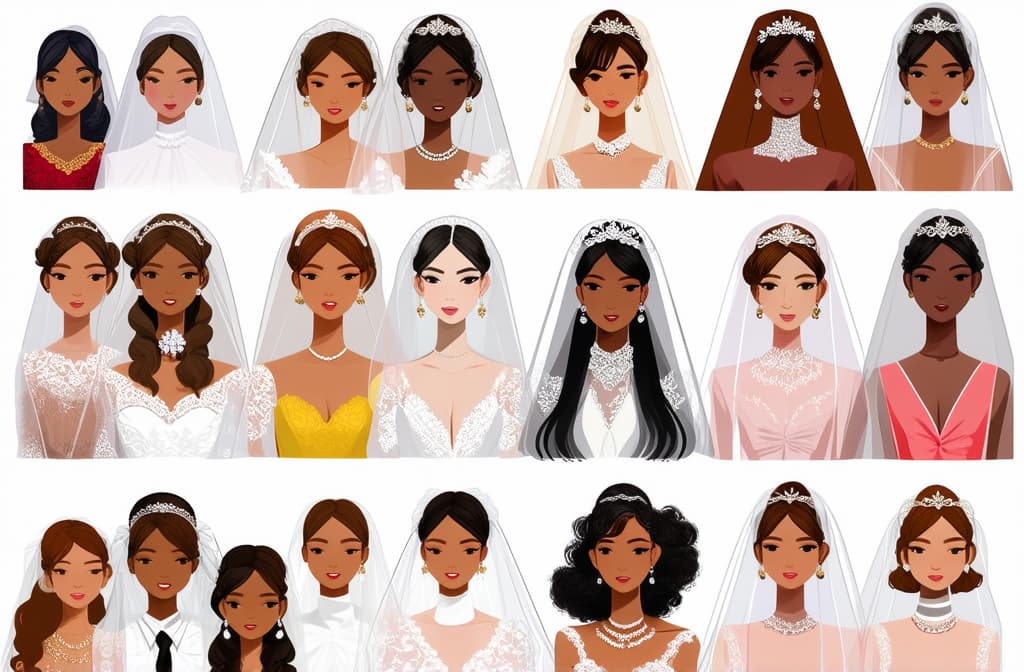  flat illustration, flaticon, (illustration:1.15), different beauty. set of different female heads in wedding veil. different races and nationalities. colored hand drawn illustration ar 3:2, [cory loftis, strobist, pascal campion :: 0.2]