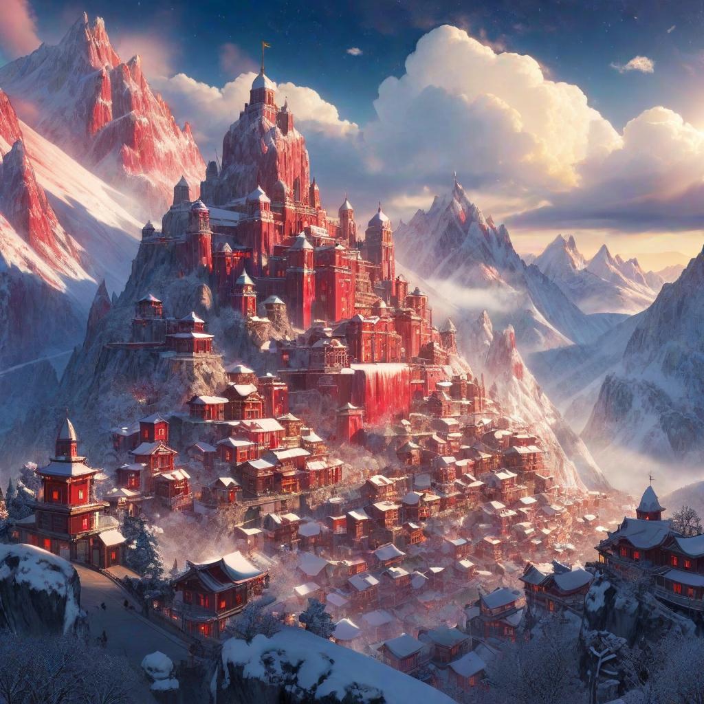  manga artwork city built in the mountains, which are red and covered with snow. the skies are clear with a sun setting in the afternoon. . manga artist. manga, highly emotional. best quality, high resolution