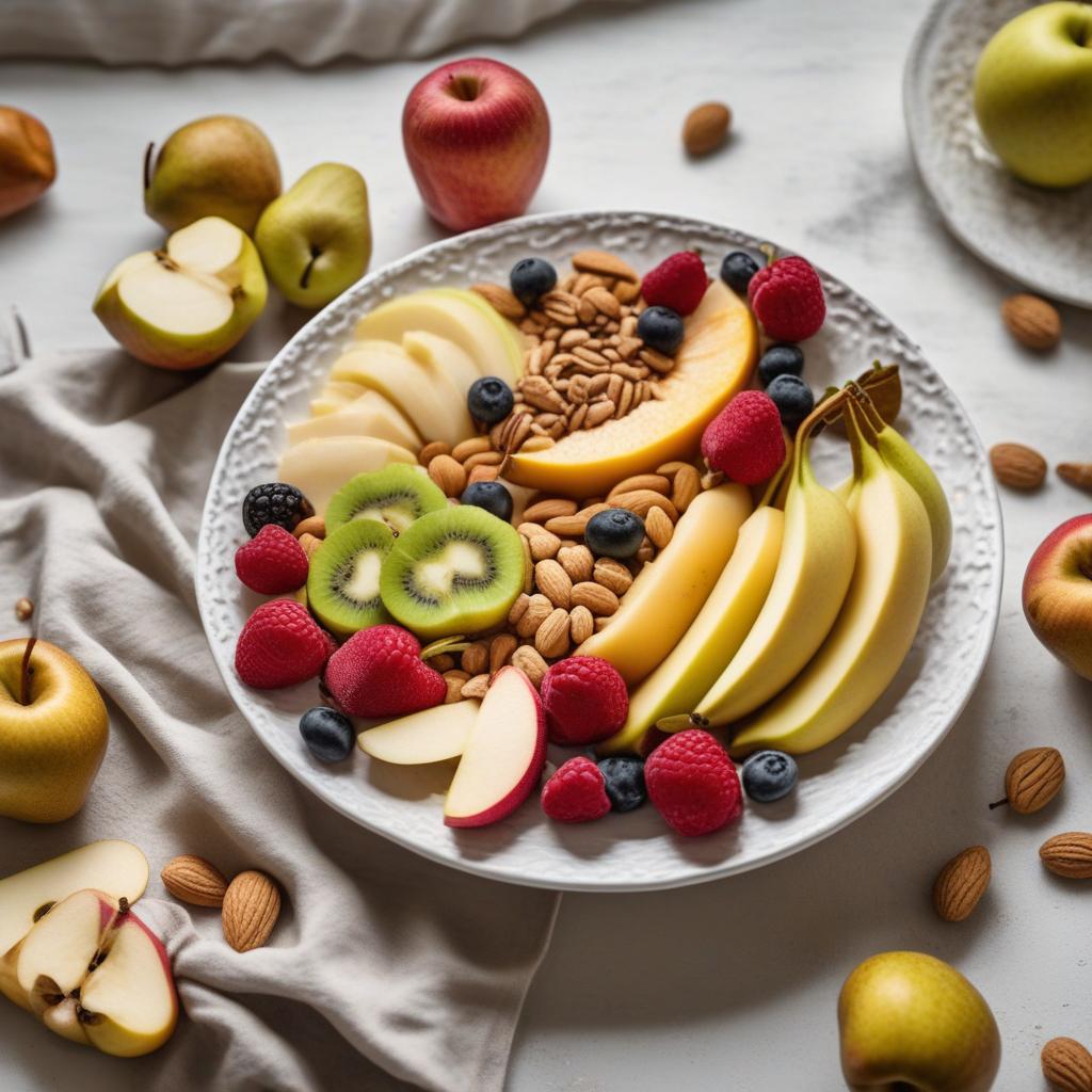  realistic close up portrait meal photo of (((Fruit bowl))), with (Yellow apple, Pear, Protein yogurt, Peanut butter), ((served in a white plate)), ((with white background)), (((Healthy Eating Plate))), (((Harvard Eating Plate))), ((food photography)), with macro lens, shallow depth of field, highly detailed, natural lighting, natural colors, photorealism, Canon EOS R3, nikon, f/1.4, ISO 200, 1/160s, 8K, RAW, unedited, in-frame hyperrealistic, full body, detailed clothing, highly detailed, cinematic lighting, stunningly beautiful, intricate, sharp focus, f/1. 8, 85mm, (centered image composition), (professionally color graded), ((bright soft diffused light)), volumetric fog, trending on instagram, trending on tumblr, HDR 4K, 8K