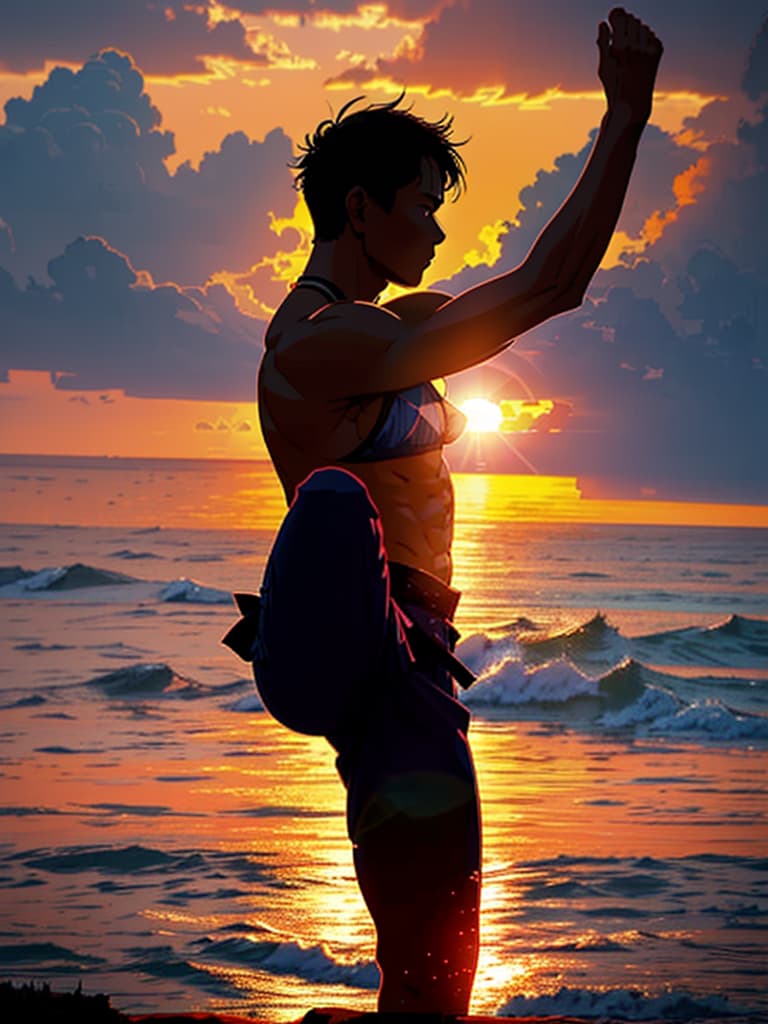  Close up of the silhouette of a man doing Thai Chi on a cliff overlooking the ocean with a sunrise in the background. RAW, realistic