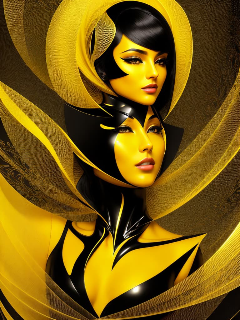  Golden yellow and sleek black color palette, captivating and inviting expression, exuding elegance and charm, magnetic beauty, intricate details, high contrast, luxurious feel, digital art, female, glossy finish, striking composition, dynamic lighting to enhance features.