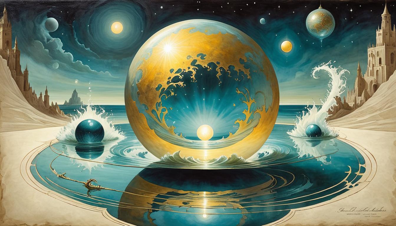  on parchment, surrealism+++, a radiant orb hovering above a reflective pool, waves emanating outward, energy, uniqueness, resonance(mysterious, provocative, symbolic,muted color)+++