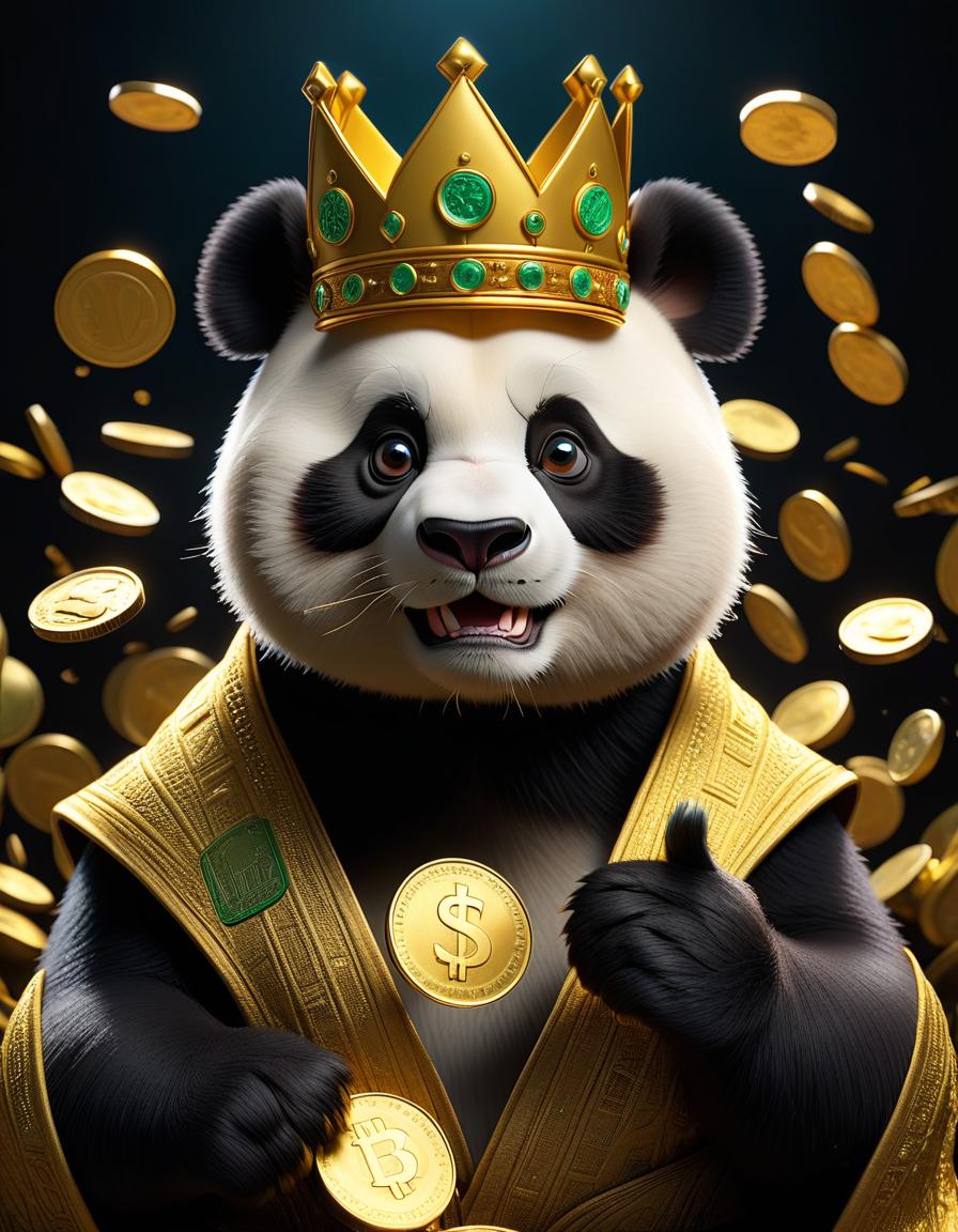  create a picture of the dollar rate rising and falling in gold color in the center of a cartoon brutal panda with a crown on his head with a coin in his hand on a black background hyperrealistic, full body, detailed clothing, highly detailed, cinematic lighting, stunningly beautiful, intricate, sharp focus, f/1. 8, 85mm, (centered image composition), (professionally color graded), ((bright soft diffused light)), volumetric fog, trending on instagram, trending on tumblr, HDR 4K, 8K