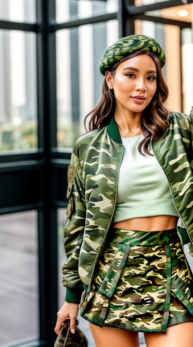  (((((wearing light green camouflage bomber jacket with camo mini skirt and beret))))), (((realistic full torso selfie))), standing with hands on hips gentle smile looking into the camera, hong kong hong kong museum of history in background, 1girl, best quality, highest quality, award winning photo, masterpiece, raw hyperrealistic, full body, detailed clothing, highly detailed, cinematic lighting, stunningly beautiful, intricate, sharp focus, f/1. 8, 85mm, (centered image composition), (professionally color graded), ((bright soft diffused light)), volumetric fog, trending on instagram, trending on tumblr, HDR 4K, 8K