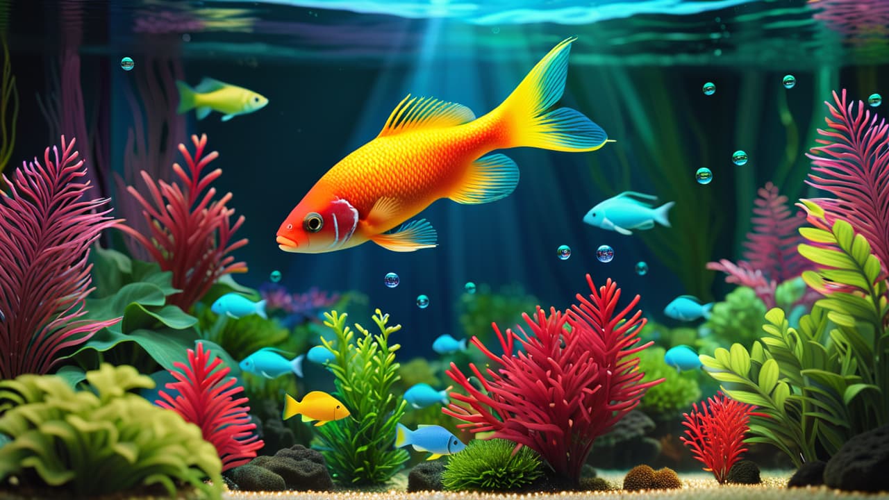  a serene aquarium scene featuring vibrant, colorful fish swimming among lush aquatic plants, sparkling bubbles, and intricate decorations; soft sunlight filtering through water, creating a tranquil and inviting atmosphere for fishkeeping enthusiasts. hyperrealistic, full body, detailed clothing, highly detailed, cinematic lighting, stunningly beautiful, intricate, sharp focus, f/1. 8, 85mm, (centered image composition), (professionally color graded), ((bright soft diffused light)), volumetric fog, trending on instagram, trending on tumblr, HDR 4K, 8K