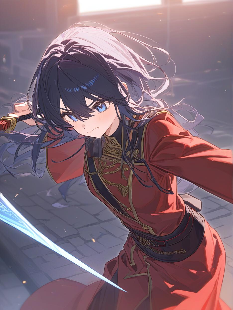  oda nobunaga from fate. her outfit that looks like a military uniform is something she prepared as a hobby when she was drafted as a servant. with a black hat with red details. gold details on his military outfit, red uniform. she has light blue eyes, silver and cyan blue hair, very long. menacing sword, larger and sharper sword. menacing expression, hunter's eyes. details, 8k. . best quality, high resolution