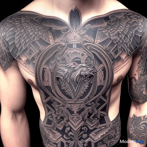 mdjrny-v4 style tattoo chest two ravens grand church. the church should have a prominent, golden dome that stands out. the ravens should appear intricate and detailed, with an aura of mystique and power, tatto design (tattoo)