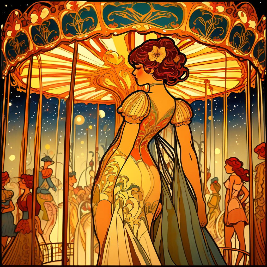  art nouveau style a full length girl stands with her back, does not look at the camera, and looks at a huge bright carousel at night . elegant, decorative, curvilinear forms, nature inspired, ornate, detailed