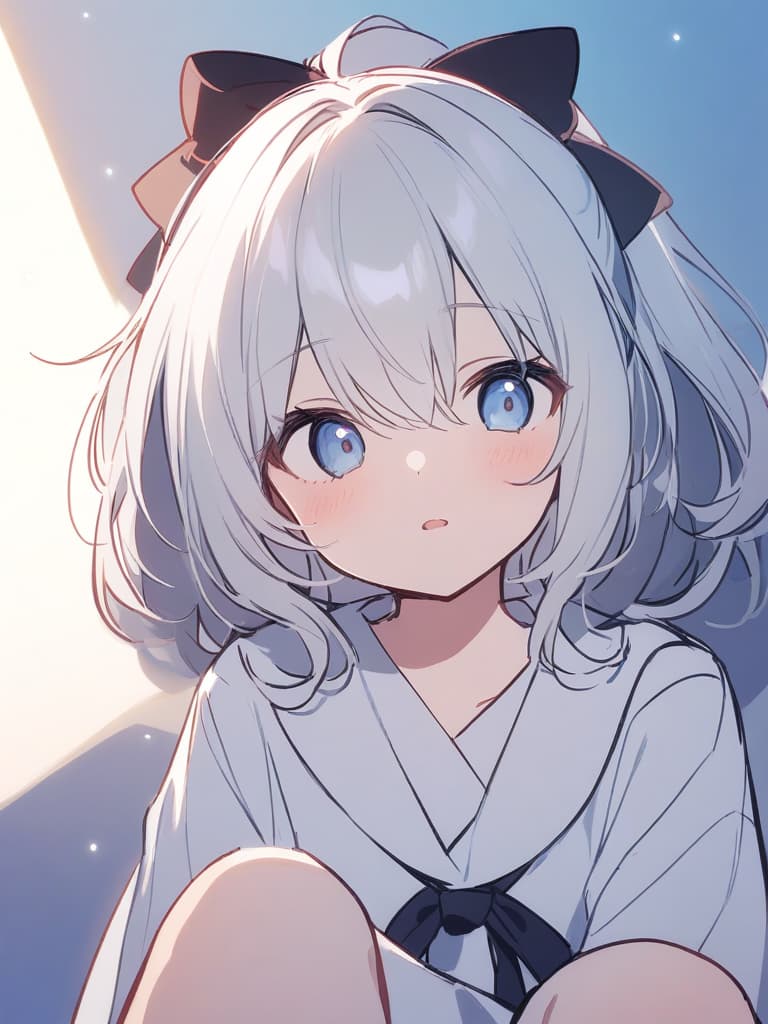  sleepy eyes, 1 girl, white hair, white blue eyes, girl, jit, cute, black ribbon