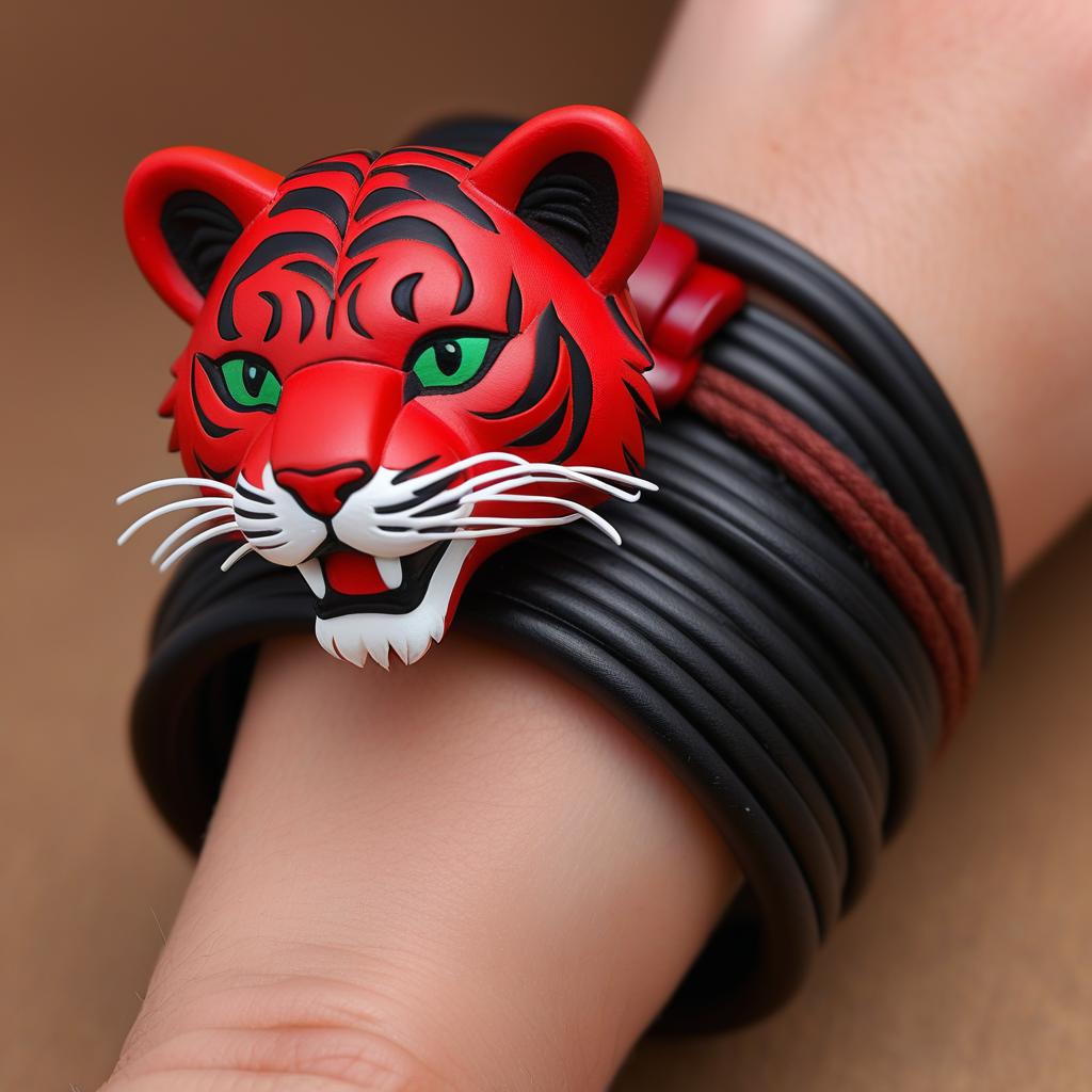  play doh style red tiger qing's safety buckle, a leather bracelet made of black and red rope. sculpture, clay art, centered composition, claymation