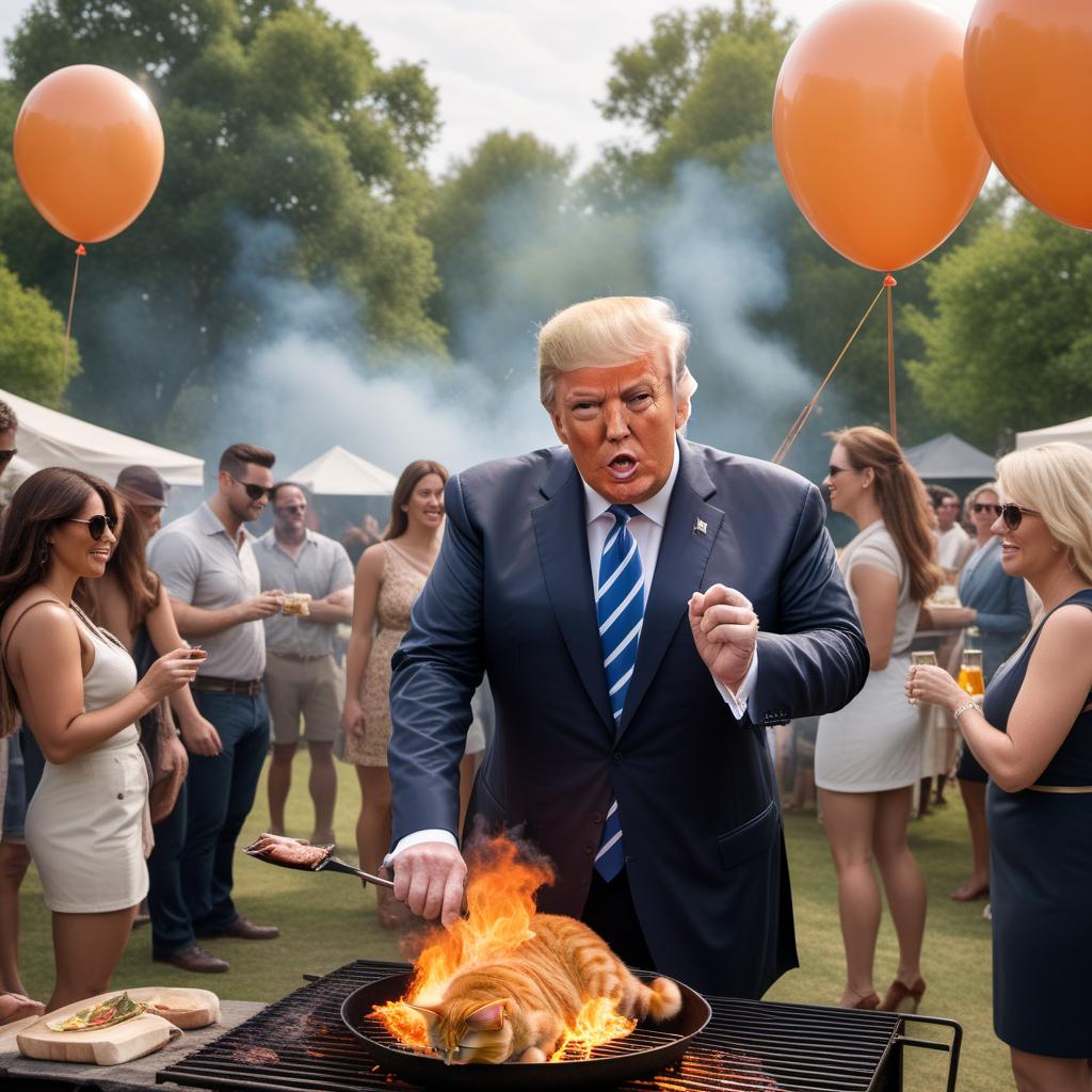  Donald Trump as a fat cat on a BBQ spit. The scene includes a large, plump orange cat with a recognizable Trump hairstyle and facial expression, slowly rotating on a BBQ spit over a fire. Surrounding the scene is a festive outdoor BBQ setting with people in the background appearing surprised and amused. The background includes picnic tables, balloons, and a sunny park setting. hyperrealistic, full body, detailed clothing, highly detailed, cinematic lighting, stunningly beautiful, intricate, sharp focus, f/1. 8, 85mm, (centered image composition), (professionally color graded), ((bright soft diffused light)), volumetric fog, trending on instagram, trending on tumblr, HDR 4K, 8K