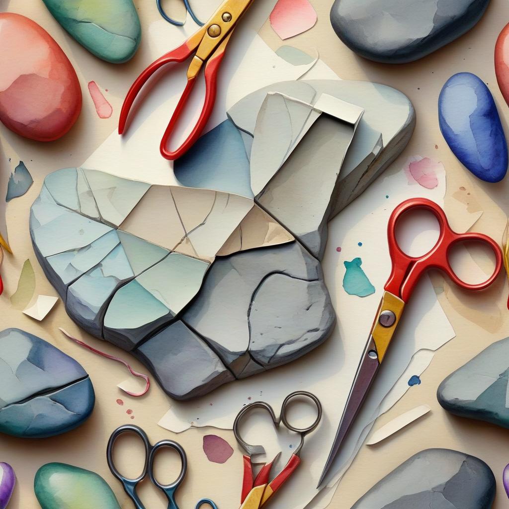  watercolor painting stone, scissors, paper . vibrant, beautiful, painterly, detailed, textural, artistic