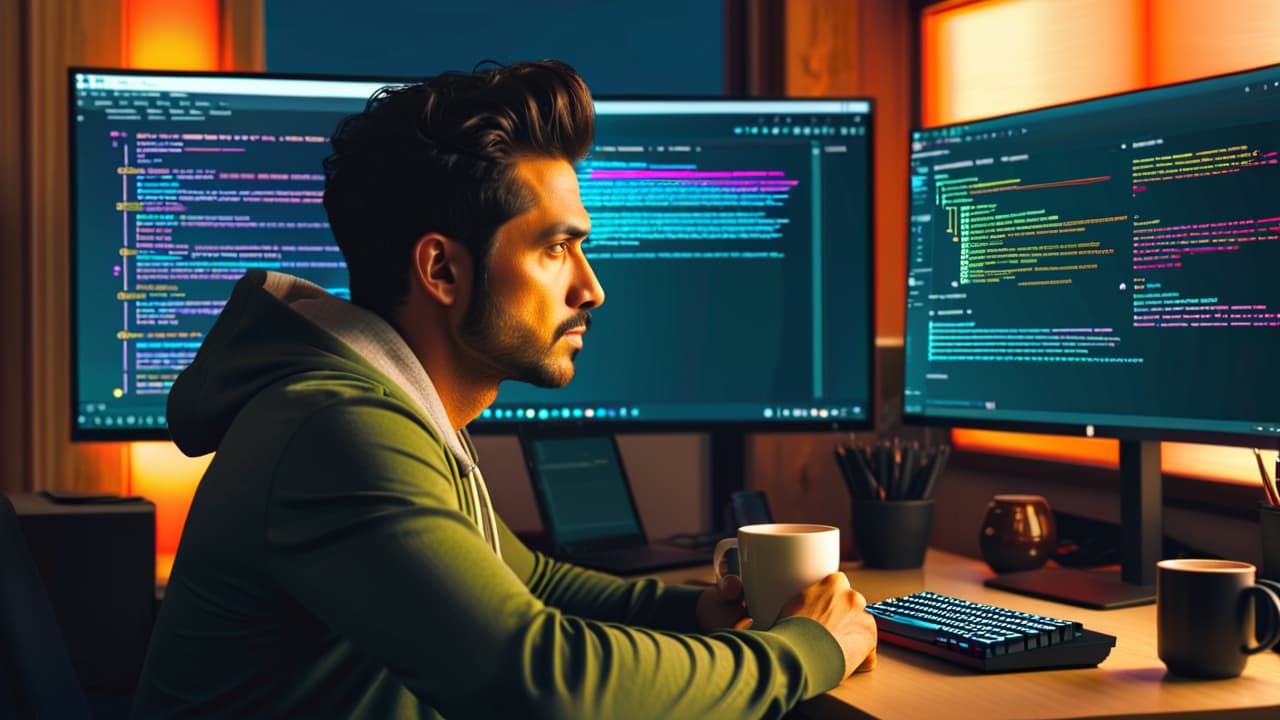  a person sitting at a desk surrounded by code on a computer screen, flowcharts, and a coffee cup, with a lightbulb overhead symbolizing ideas and creativity in api development. hyperrealistic, full body, detailed clothing, highly detailed, cinematic lighting, stunningly beautiful, intricate, sharp focus, f/1. 8, 85mm, (centered image composition), (professionally color graded), ((bright soft diffused light)), volumetric fog, trending on instagram, trending on tumblr, HDR 4K, 8K