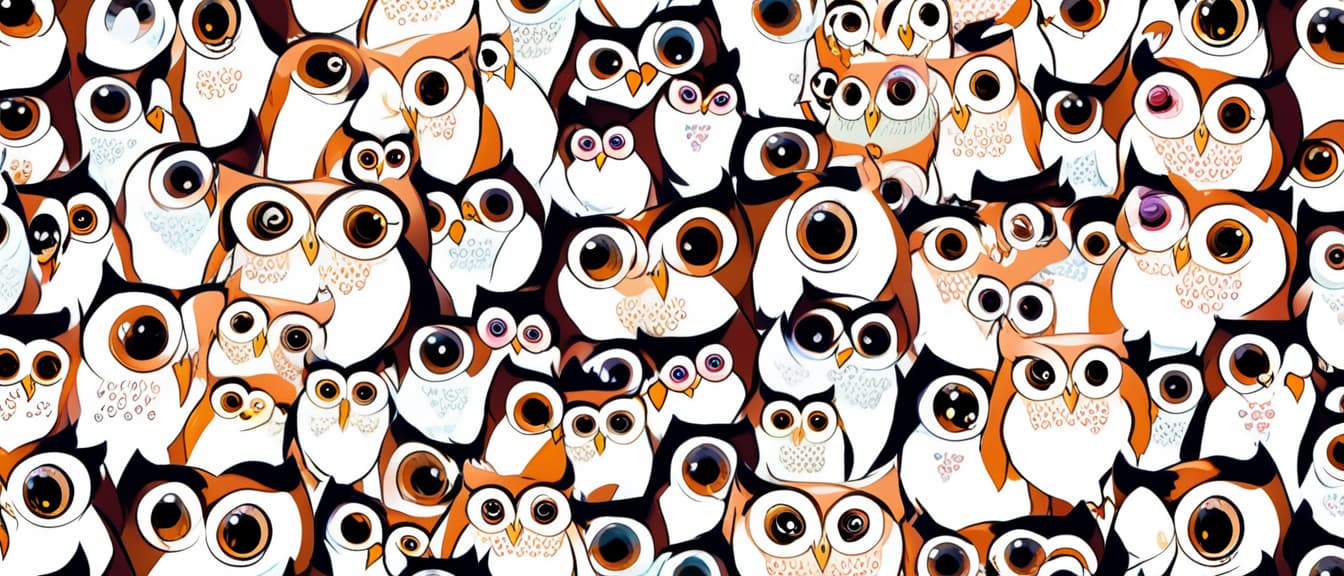  best quality, hd, seamless pattern of cute, big eyed, kawaii owls on a white background.