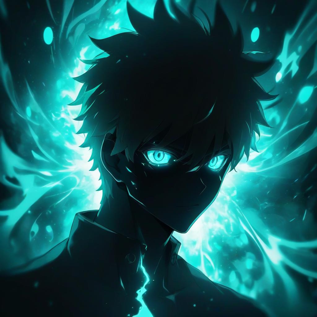  anime artwork a silhouette of a man with glowing eyes, surrounded by a vibrant teal energy aura, dark anime style . anime style, key visual, vibrant, studio anime, highly detailed