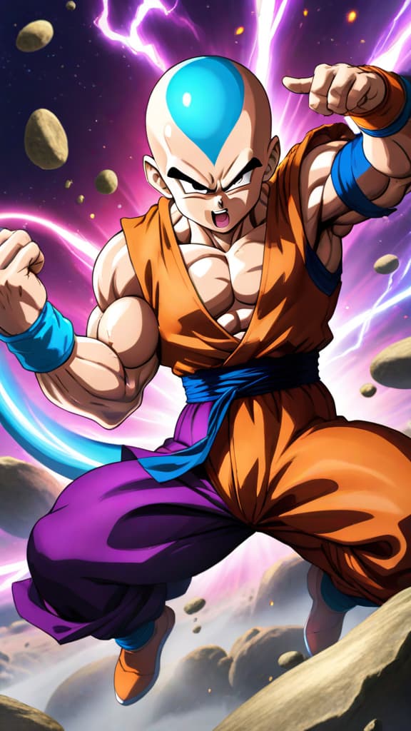  anime art: krillin defeats frieza on namek, altering the fate of the z fighters forever. hyperrealistic, full body, detailed clothing, highly detailed, cinematic lighting, stunningly beautiful, intricate, sharp focus, f/1. 8, 85mm, (centered image composition), (professionally color graded), ((bright soft diffused light)), volumetric fog, trending on instagram, trending on tumblr, HDR 4K, 8K