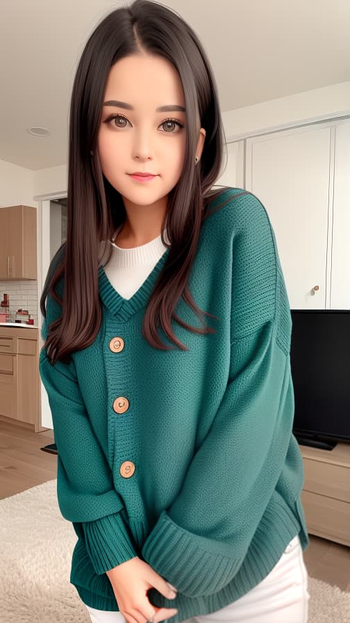  Room Sweater with dark blue-green buttons Woman with semi-straight brown hair, surprised face