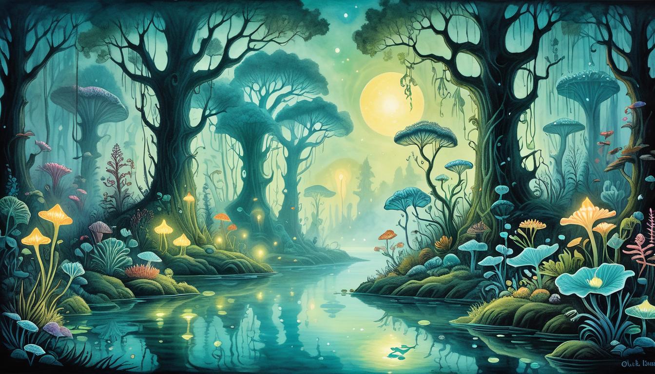  on parchment, surrealism+++, a mystical grove illuminated by bioluminescent plants, glimmers of ethereal light, glowing fauna, serene pond reflecting the fantastical ambiance, otherworldly, enchanting(mysterious, provocative, symbolic,muted color)+++