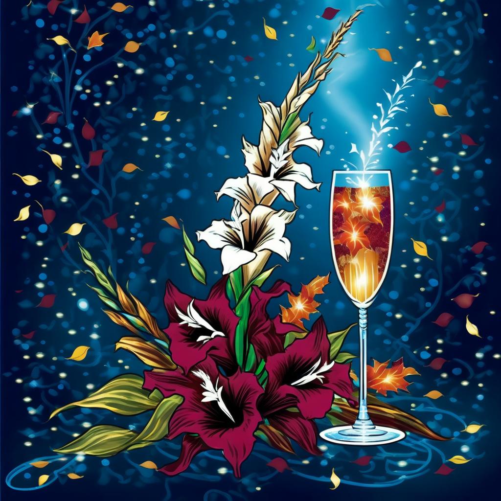  dreamscape (crystal tall glass):champagne with ice cubes and chocolate.(birthday card) card design: blue blue background with (((decorated with fine fractal glitter, bright leaves, ink sketch lines on a blue background, outlines, falling autumn leaves, silver swirls, autumn leaves, ((profile of a woman's face, in the style of autumn art fantasy 1,3)) . (in the centre of the card a bouquet with white gladioluses with the inscription (("for you"))).((bouquet of burgundy gladioluses surrounded by multicoloured foliage 1,2)) (colour of the bouquet): burgundy red with orange border. (foliage colour) :golden, silvery white, burgundy, green, golden green, (style):fantasy, design art, greeting cards. (style):fantasy, advertising, art design. . su