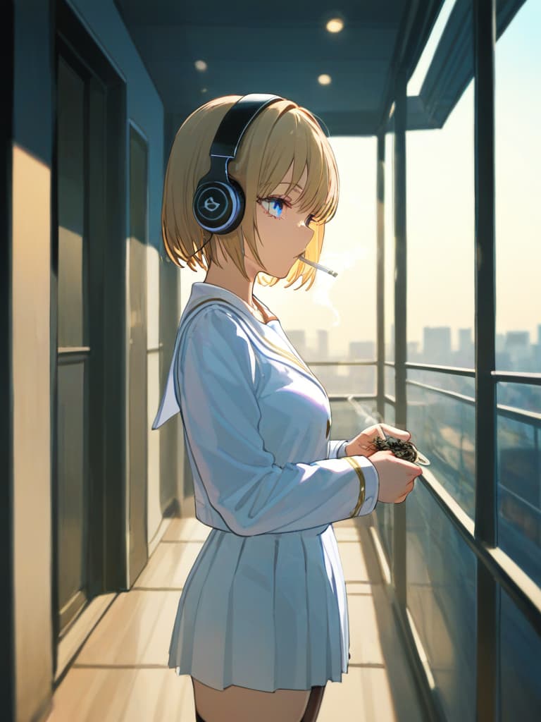  s wearing black tights, headphones, black loafers, whole body, blue eyes , blonde bob cut , white pleated , white sailor suit, with purple rose tattoo on the left , tobacco a smoked , a tattoo of a spider's web on the left arm, a cigarette, a who smokes tobacco, standing, masterpiece, best quality,8k,ultra detailed,high resolution,an extremely delicate and beautiful,hyper detail