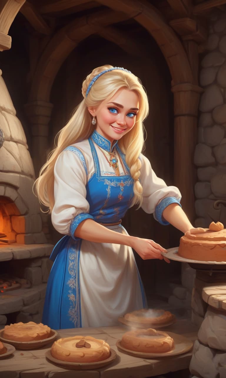  masterpiece, the best quality, a russian woman in traditional clothes prepares cakes in a stone oven, a very light smile, tense, piercing eyes, blue eyes, flowing blond hair, dressed in a traditional russian outfit, cooks in the open air, inside a wooden castle, against the background of an ancient russian throne room in a wooden castle, cartoon style, cute,