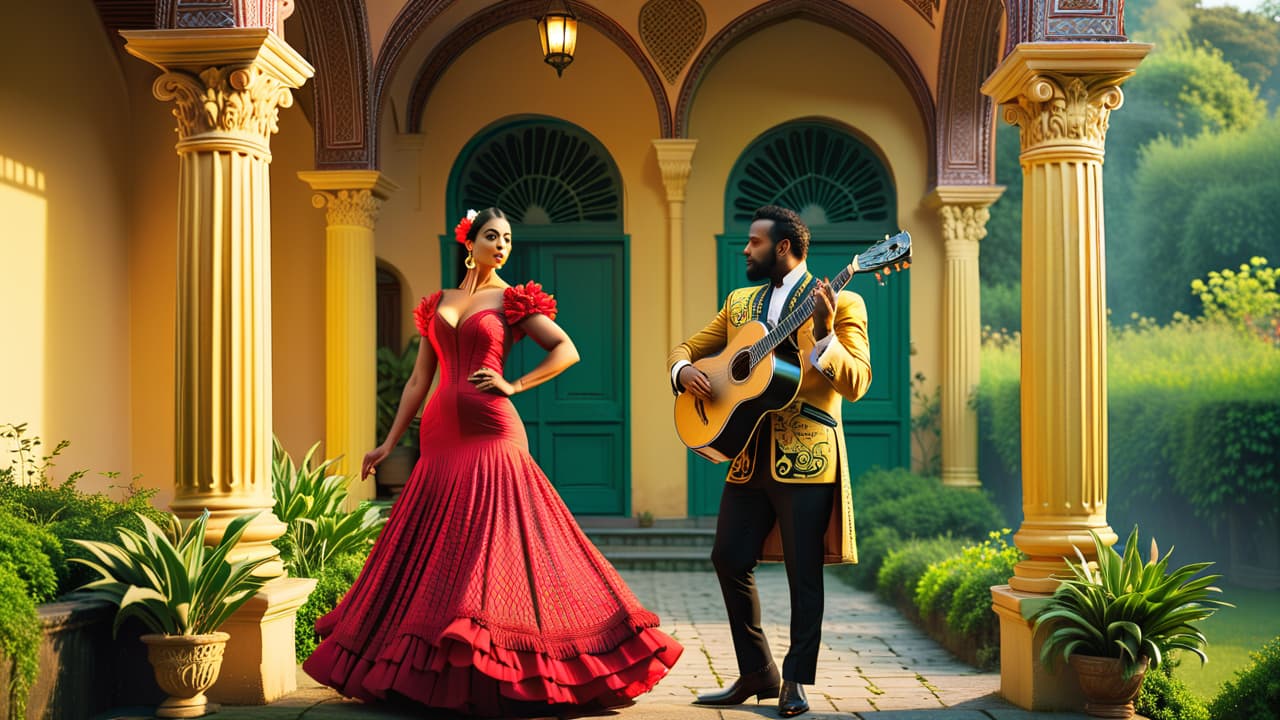  a vibrant collage showcasing musicians from various cultures: a flamenco dancer in a colorful dress, an african drummer with intricate patterns, a celtic fiddler in a lush green landscape, and an indian sitar player amidst ornate architecture. hyperrealistic, full body, detailed clothing, highly detailed, cinematic lighting, stunningly beautiful, intricate, sharp focus, f/1. 8, 85mm, (centered image composition), (professionally color graded), ((bright soft diffused light)), volumetric fog, trending on instagram, trending on tumblr, HDR 4K, 8K