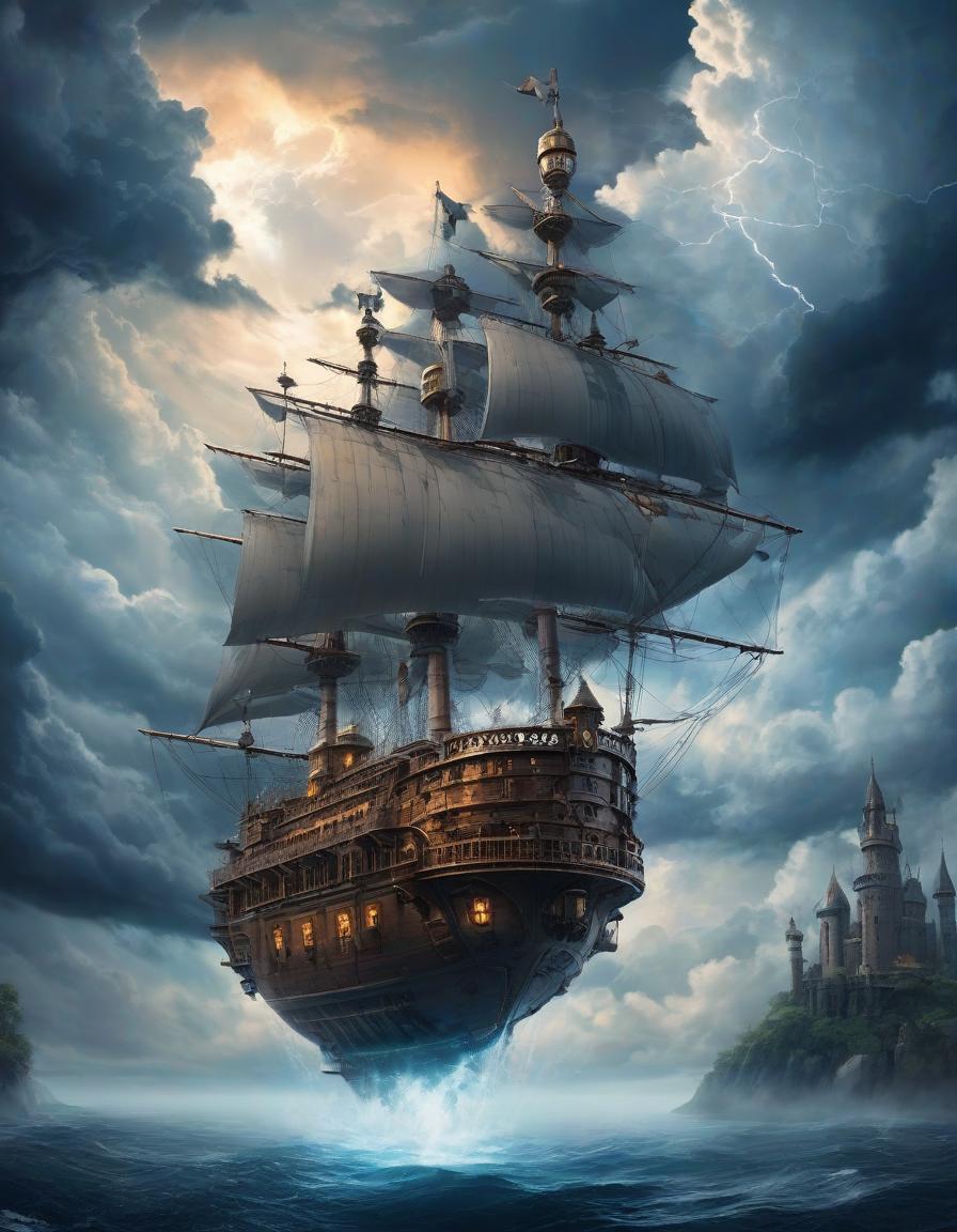  a flying steampunk ship, view from below, a gothic castle is built on the deck, wojtek sudmak style, surrealism, against the background of clouds and lightning, dramatic plot, fantasy, ultra detailed