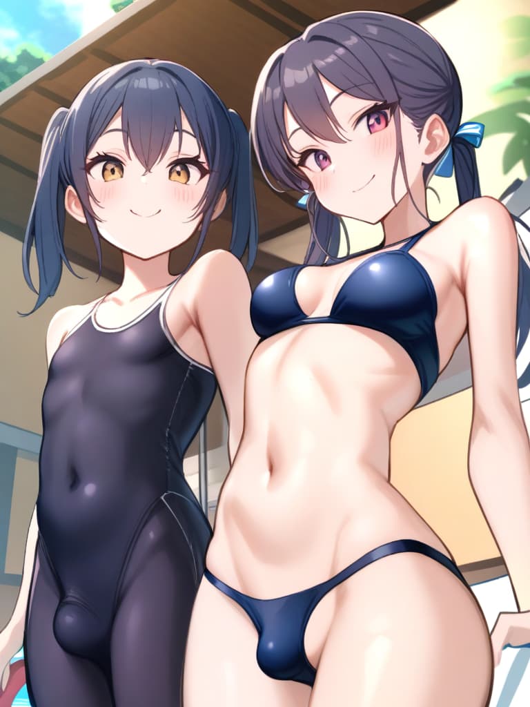  women's elementary students, twin tails, cute smiles, rich s, low stages, dark blue swimwear, old swimwear, swimwear, male, male, shaped clear , shaped clear phimosis, sharp stiff, male bulge, , front, whole body, pool side,