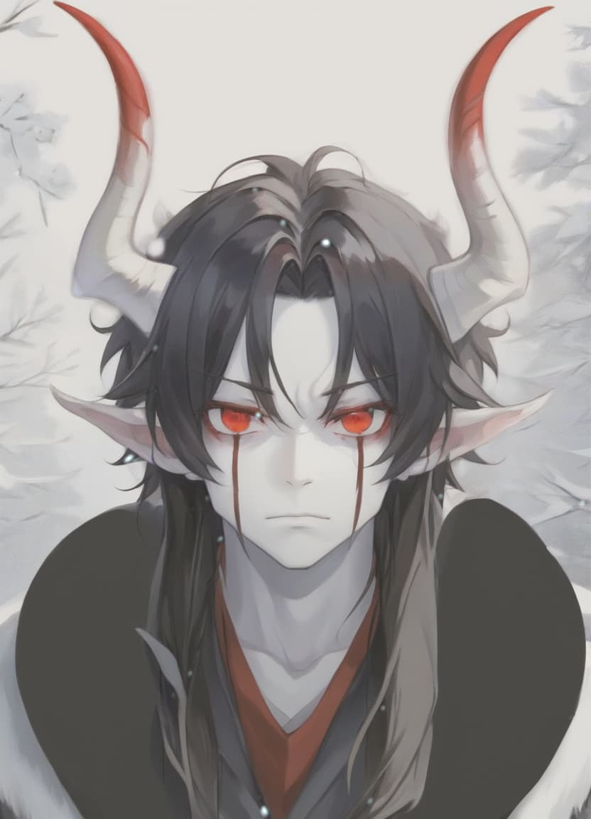  man demon, red horns, red eyes, black long hair, winter clothes